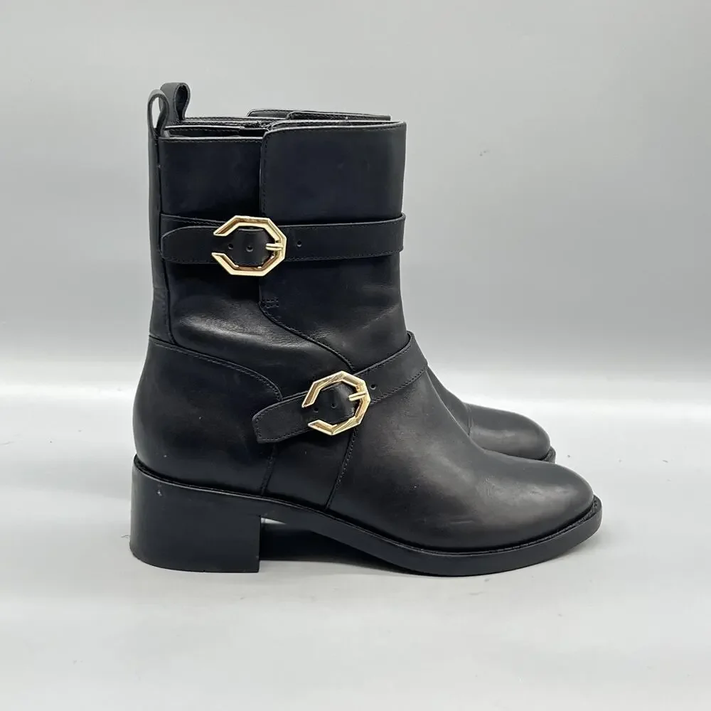 Cole Haan Boots Womens 6 Black Leather Ankle Biker Buckle Zip Block Heel Shoes